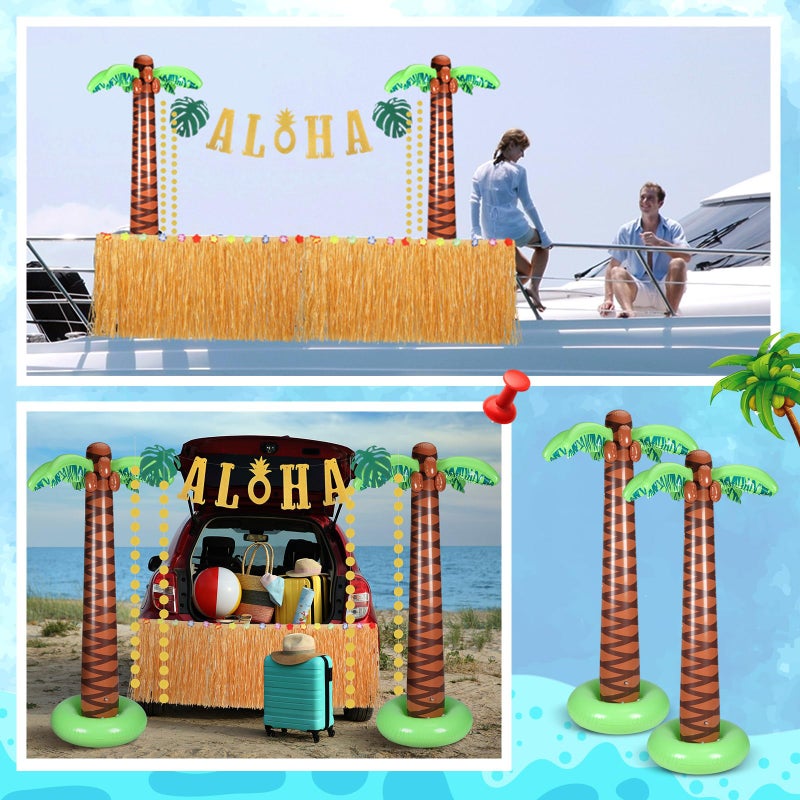 MiniInflat 4 Pcs Hawaiian Party Decorations Include 2 Pack 5.9ft Giant Inflatable Palm Trees 1 Pcs 9.06 x 2.46 ft Luau Grass Table Skirt 1 Glittery Aloha Banner for Tropical Summer Hawaiian Luau - Image 5